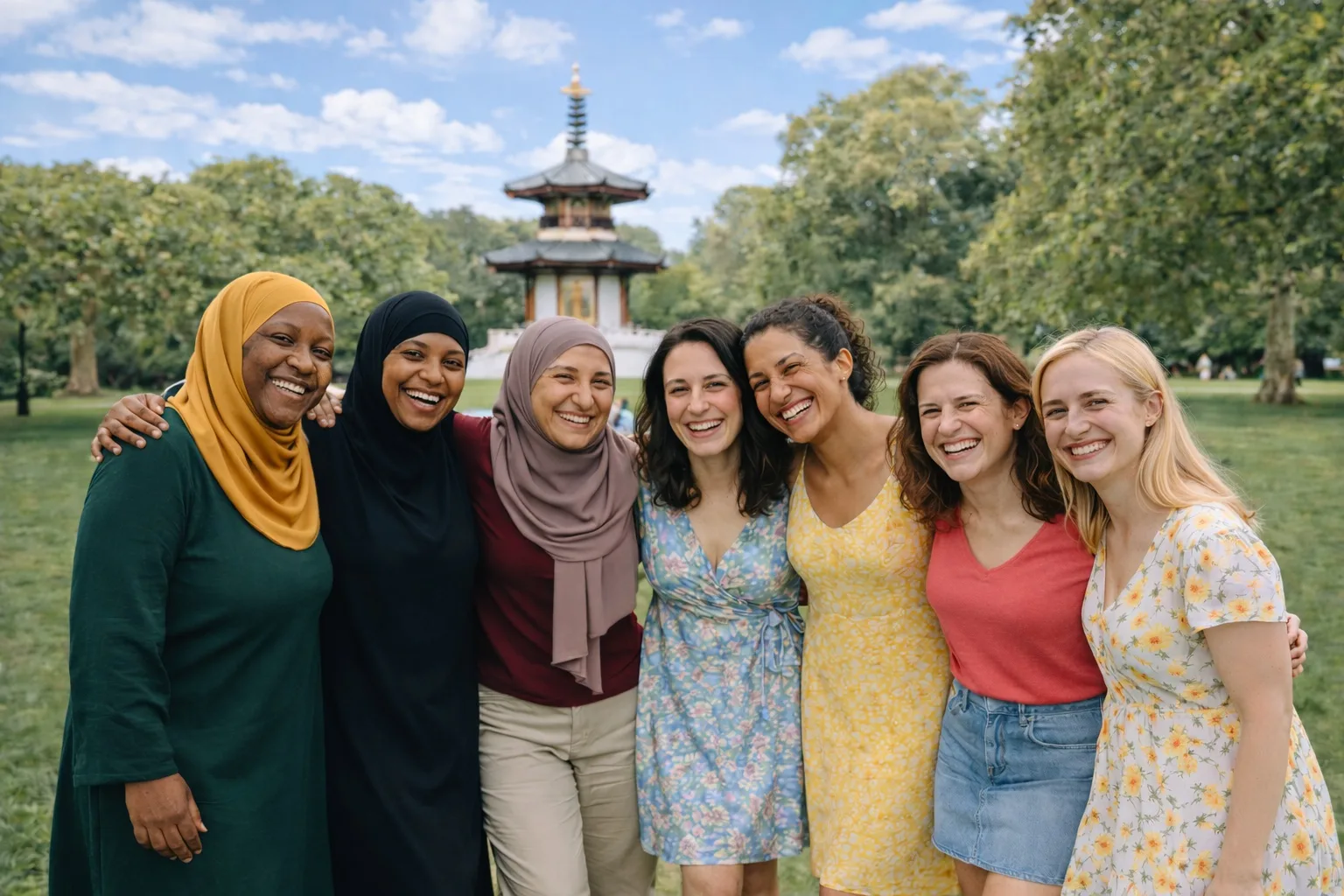 Women smiling together in Battersea Park