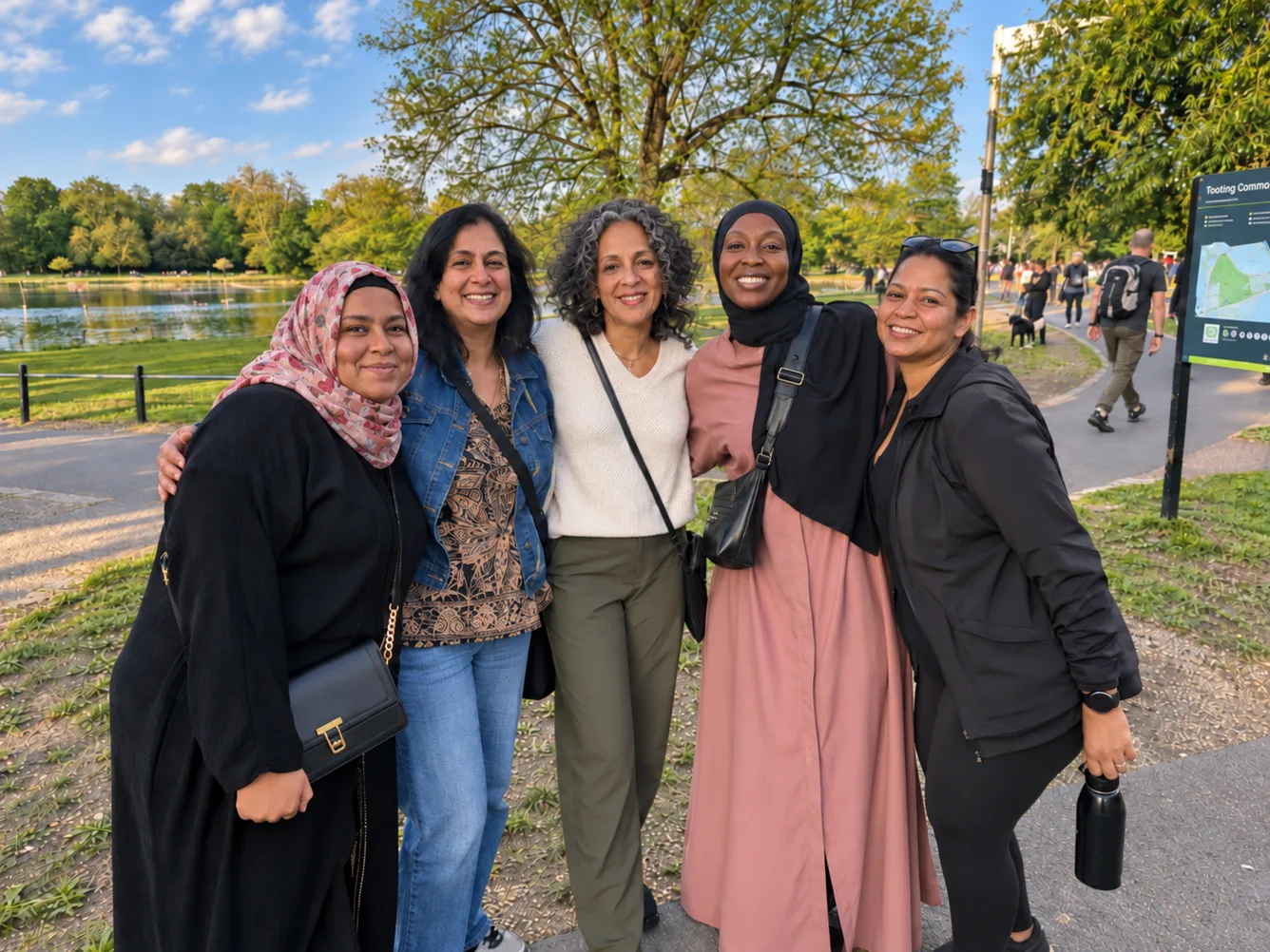 Five women standing together on the path beside the pond on Tooting Common, arms around each other and smiling