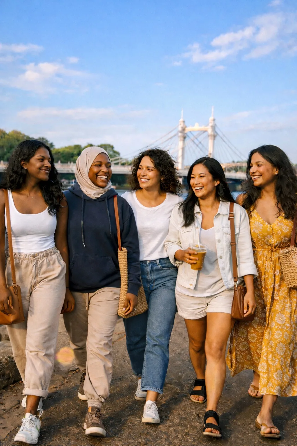 Women walking together by the river in London