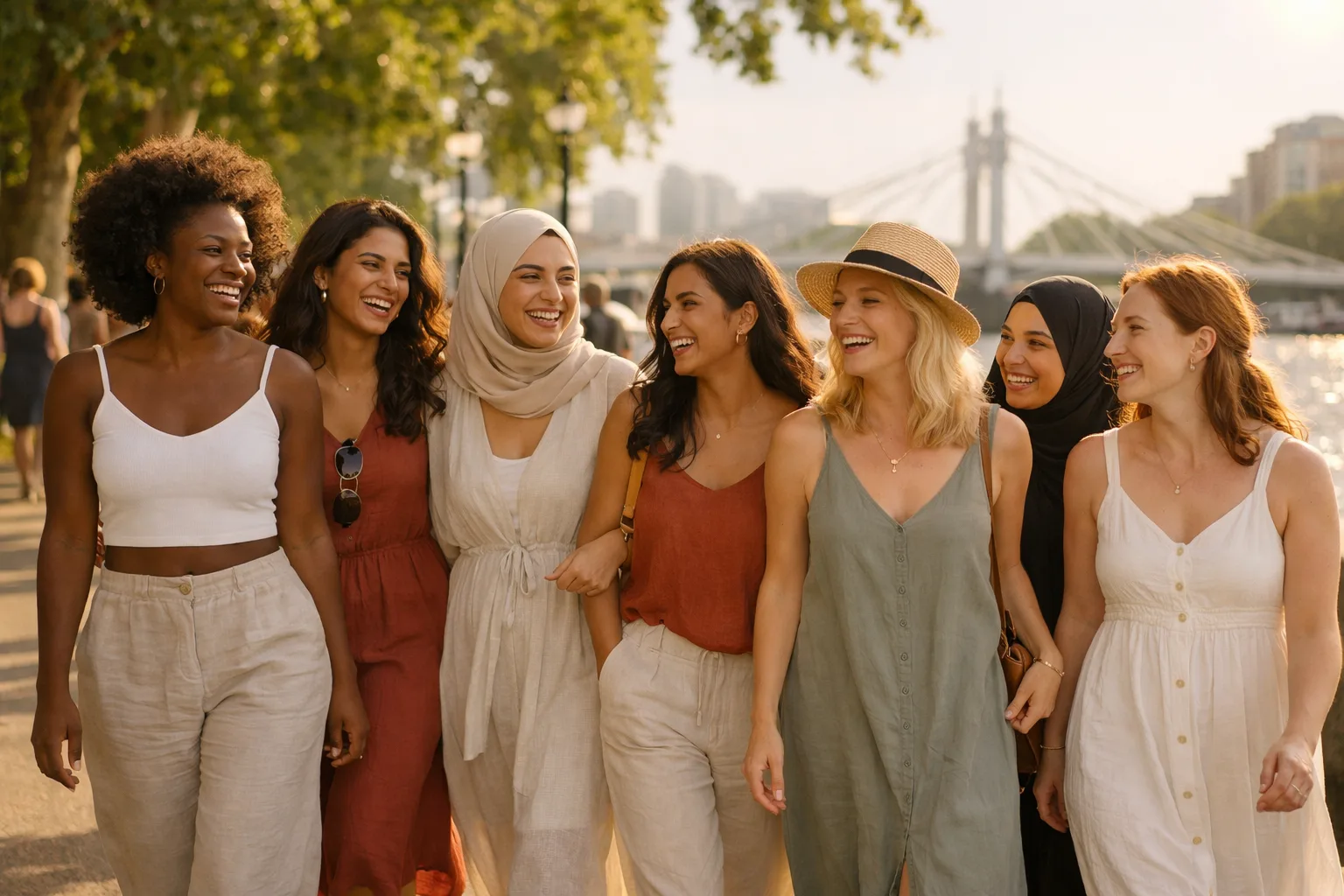Diverse group of women walking together by the river in Wandsworth
