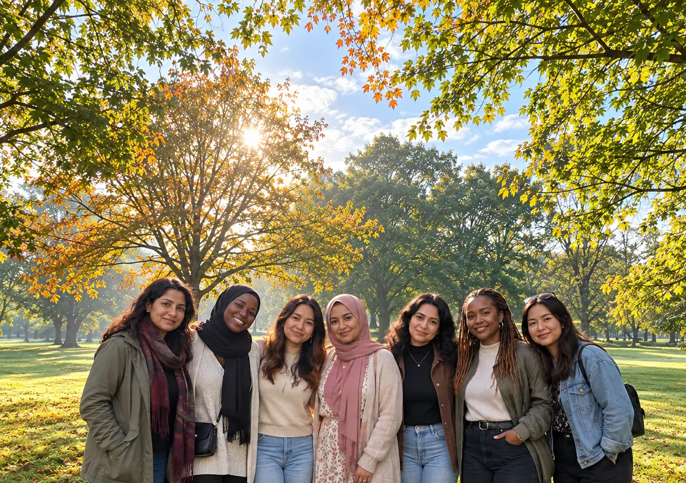 A group of women together under autumn trees in a park